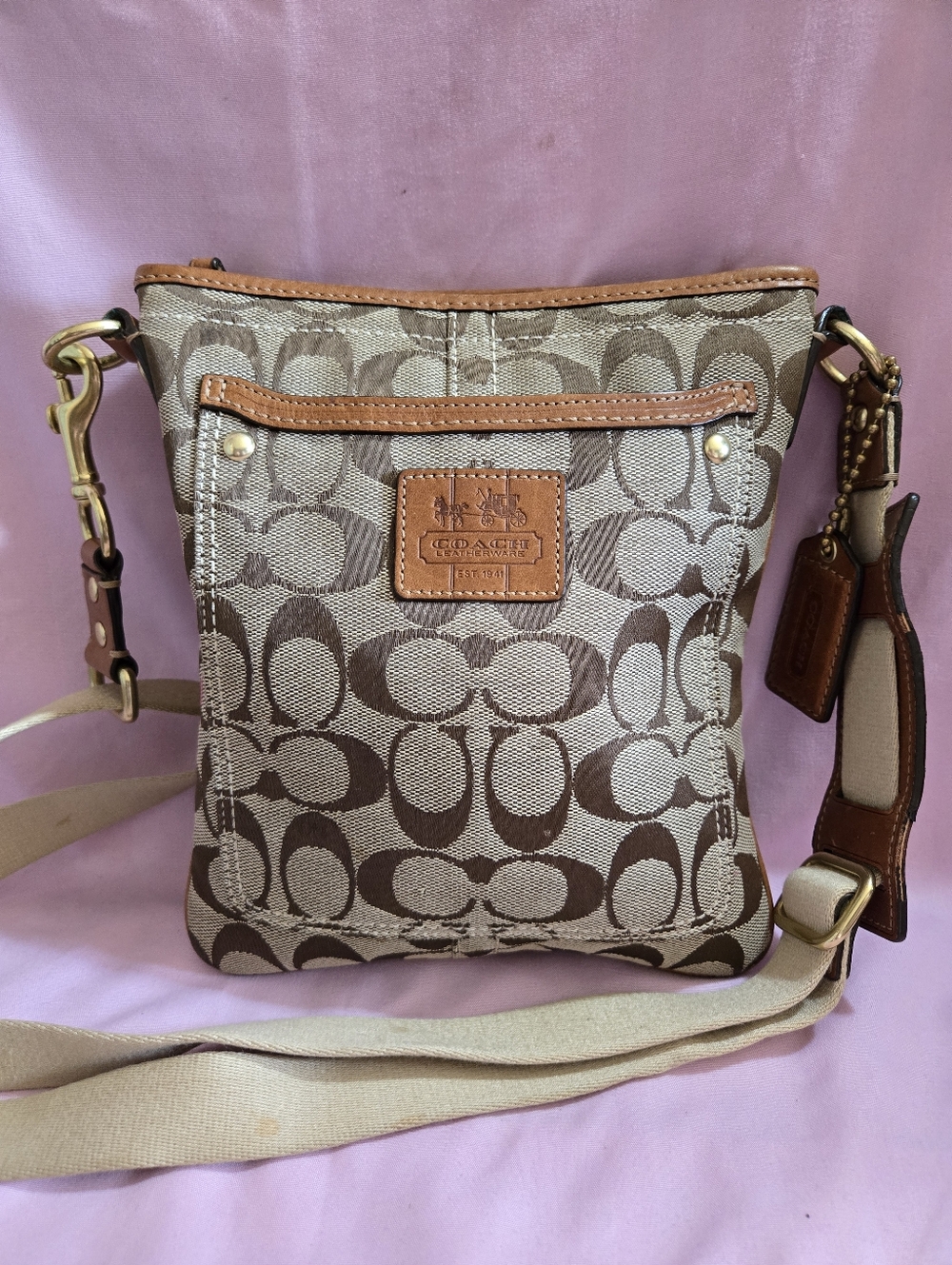 Coach Beige and Brown Signature Canvas & Leather File Crossbody